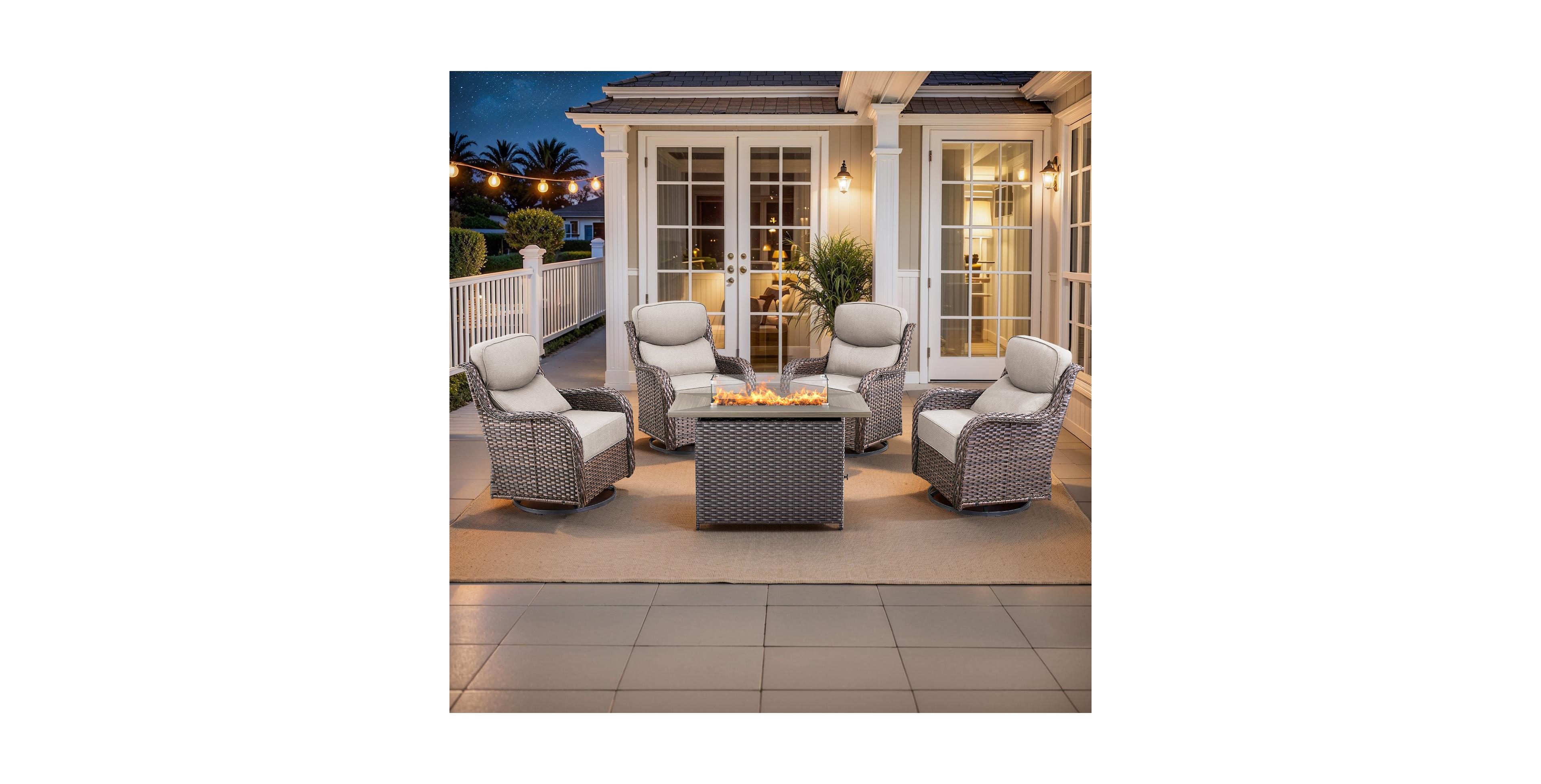Pocassy 5-Piece Patio Swivel Rocker Chairs Set with 50,000 Btu Square Fire Pit Table, All-Weather Wicker Outdoor Furniture 6" Thick Cushions