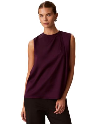 Women's Sleeveless Satin Pleated-Crewneck Top