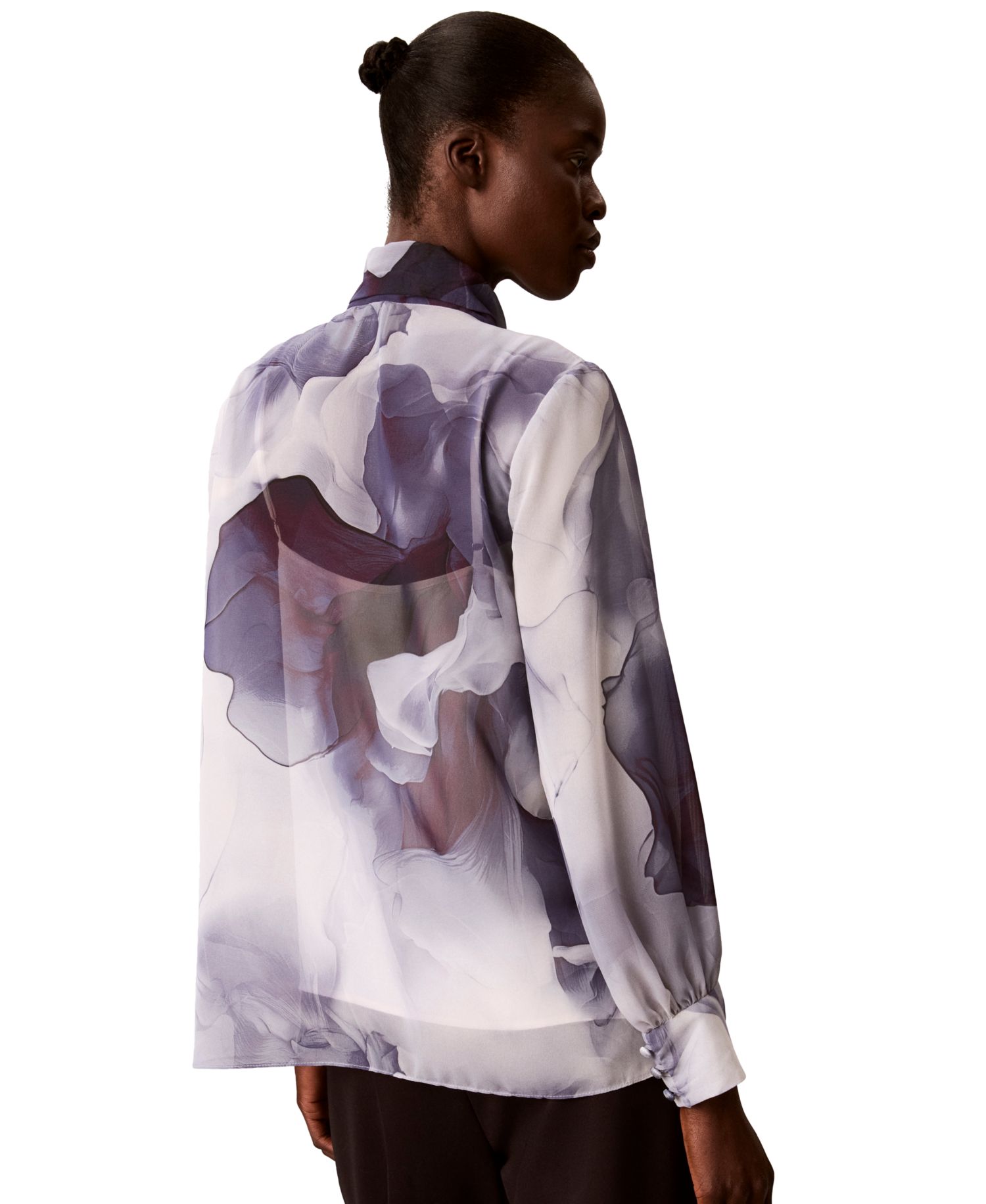 Women's Ruffle Neck Floral-Print Chiffon Blouse