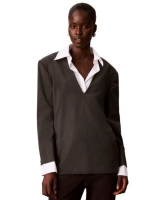 Women's V-Neck Long-Sleeve Built-in Shirt Underlay Tunic