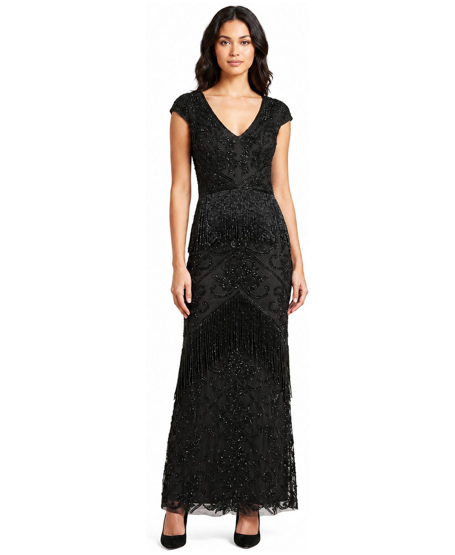 Women's Cap Sleeve Beaded Gown with Fringe