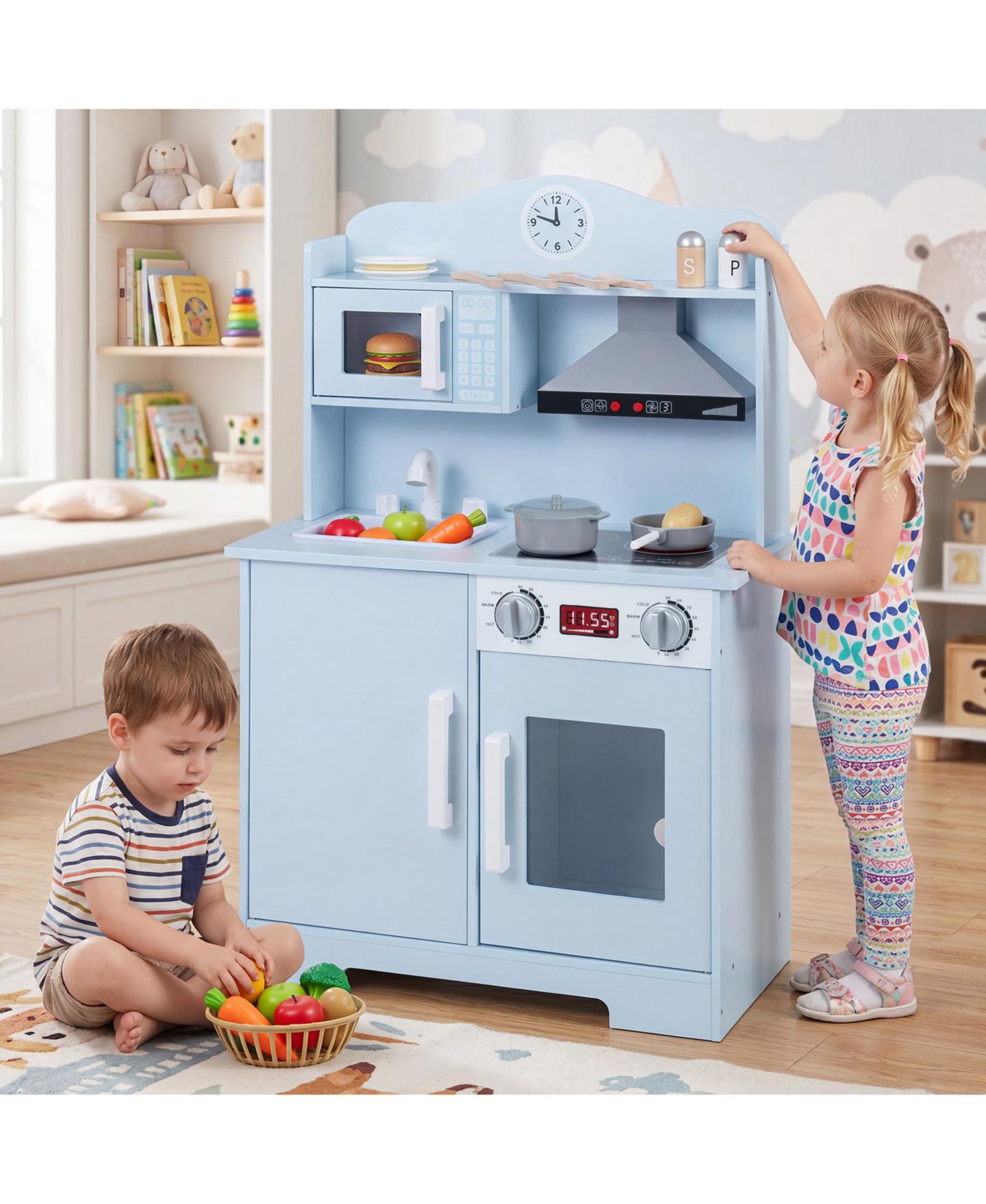 Детские игрушки Costway Light-Up Range Hood Wooden Play Kitchen, 9-Piece, Ages 3+, цвет: Синий — фото 3
