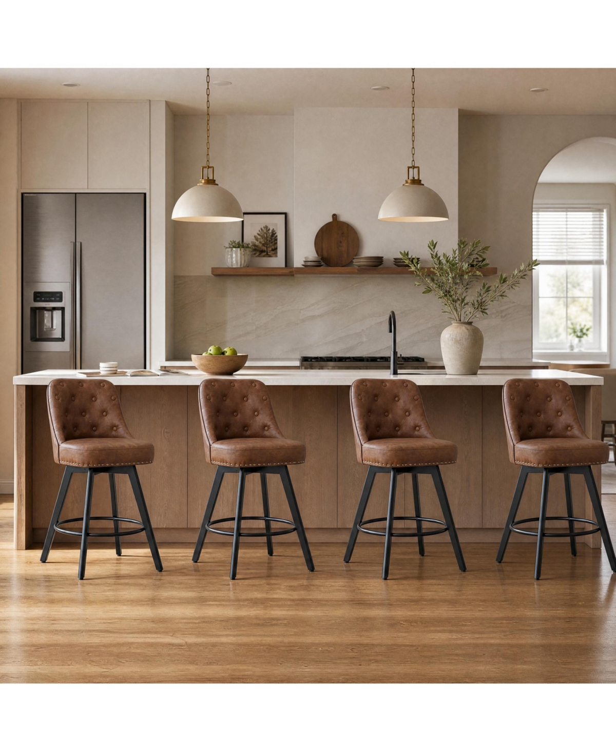 Swivel Bar Stool 4-Pack Pu Leather Button Tufted with Backrest Footrest Counter Chair for Kitchen Island