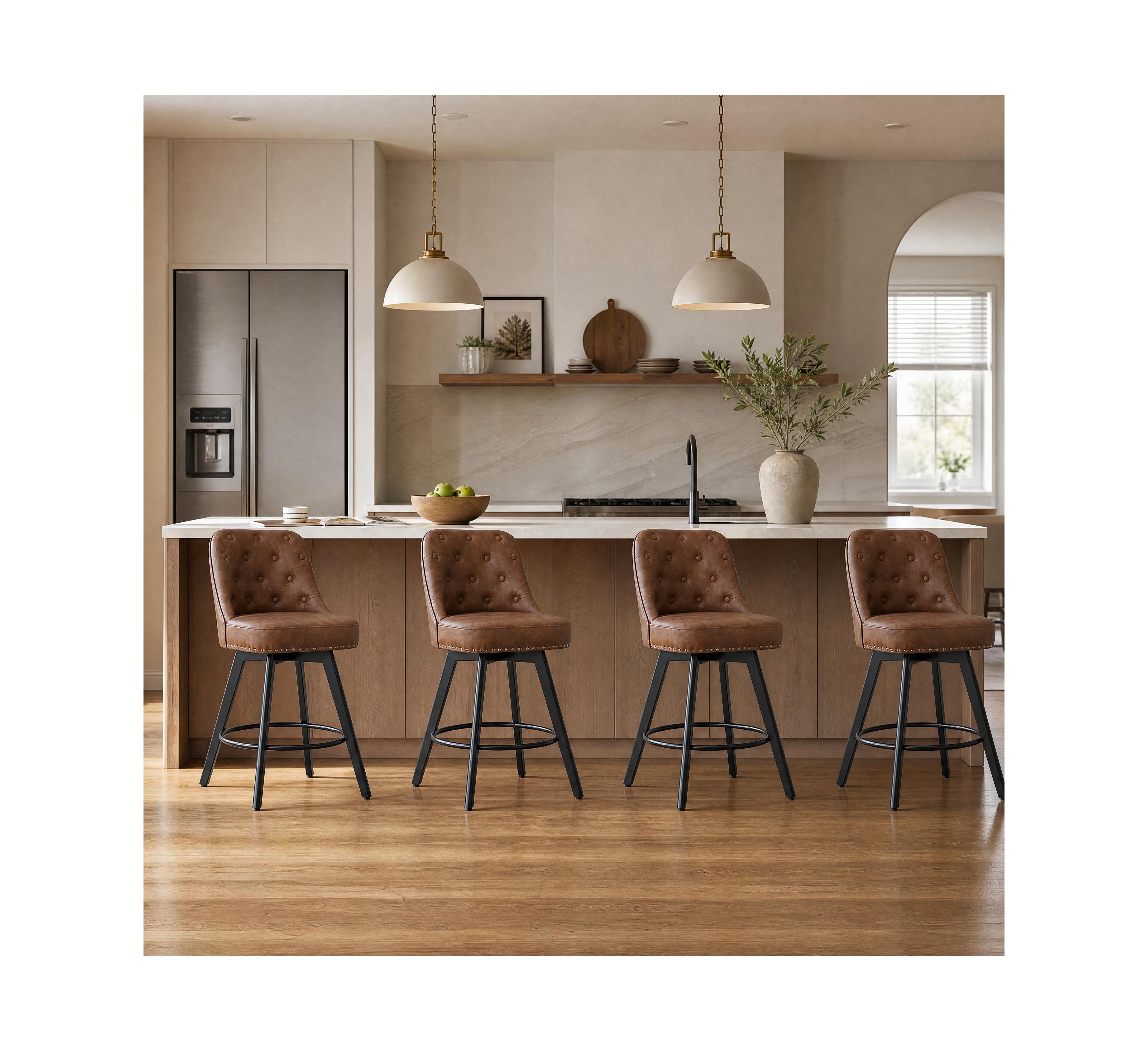 Swivel Bar Stool 4-Pack Pu Leather Button Tufted with Backrest Footrest Counter Chair for Kitchen Island