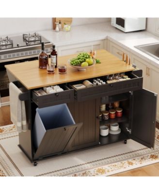Rolling Kitchen Island Cart 55 Inch with Drop Leaf Spice Rack Towel Rack Knife Holder Trash Can Storage for Kitchen