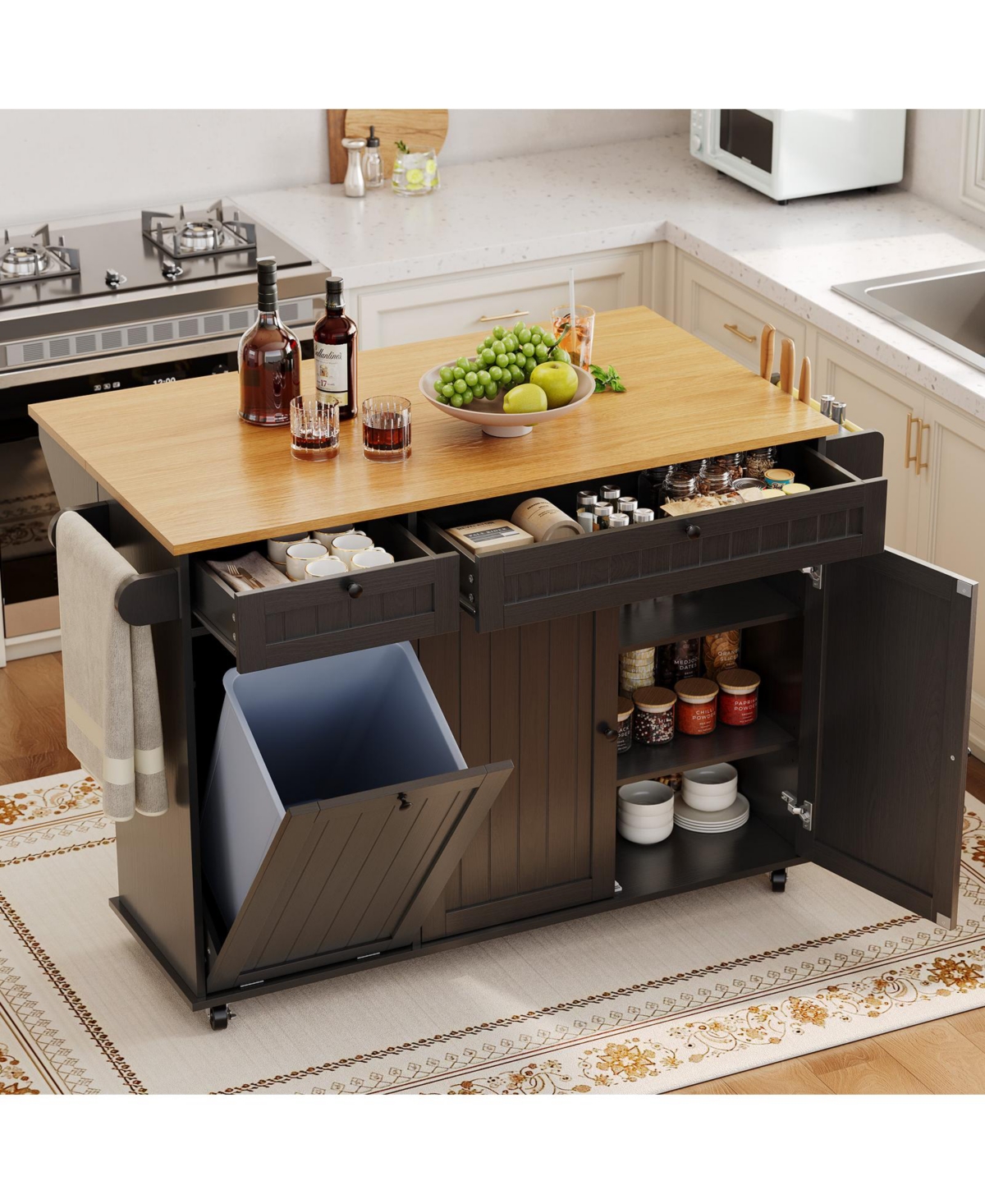 homfan Rolling Kitchen Island Cart 55 Inch with Drop Leaf Spice Rack Towel Knife Holder Trash Can Storage for