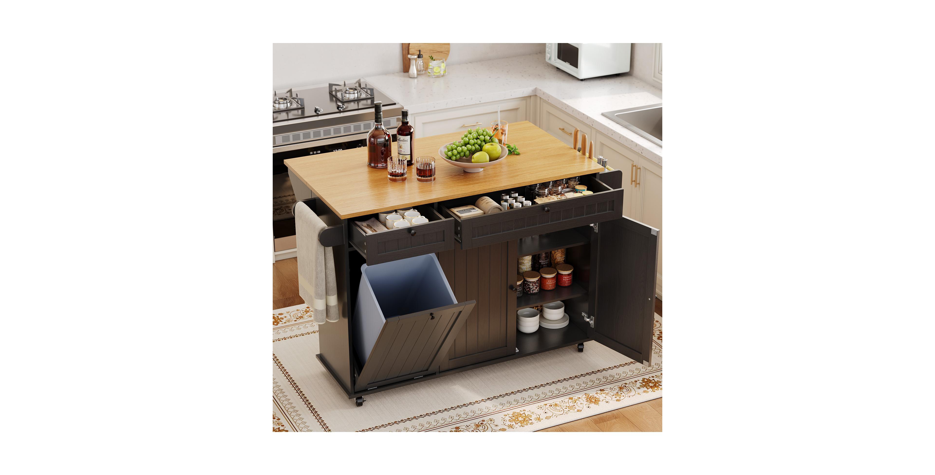 homfan Rolling Kitchen Island Cart 55 Inch with Drop Leaf Spice Rack Towel Knife Holder Trash Can Storage for