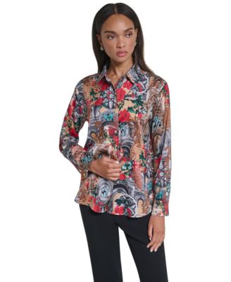 Women's Button Front Long Sleeve Satin Blouse