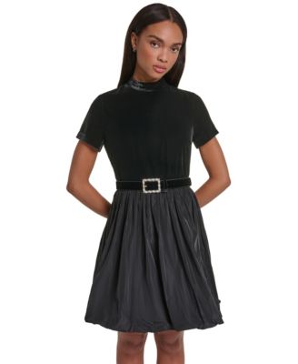 Women's Fit & Flare Mock Neck Short-Sleeve Dress