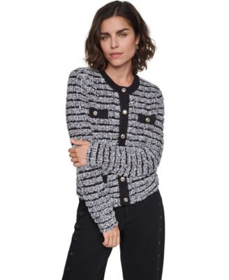 Women's Fuzzy-Knit Crewneck Contrast-Trim Cardigan Sweater