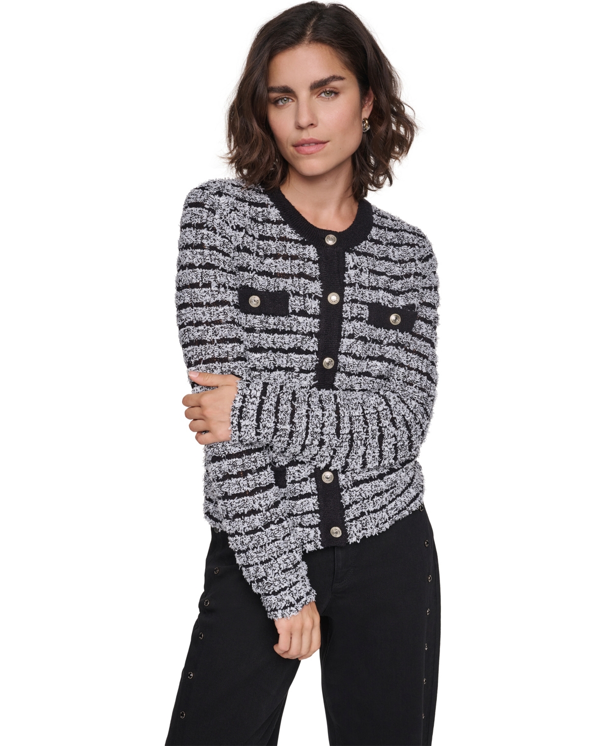 Karl Lagerfeld Paris Women's Fuzzy-Knit Crewneck Contrast-Trim Cardigan Sweater