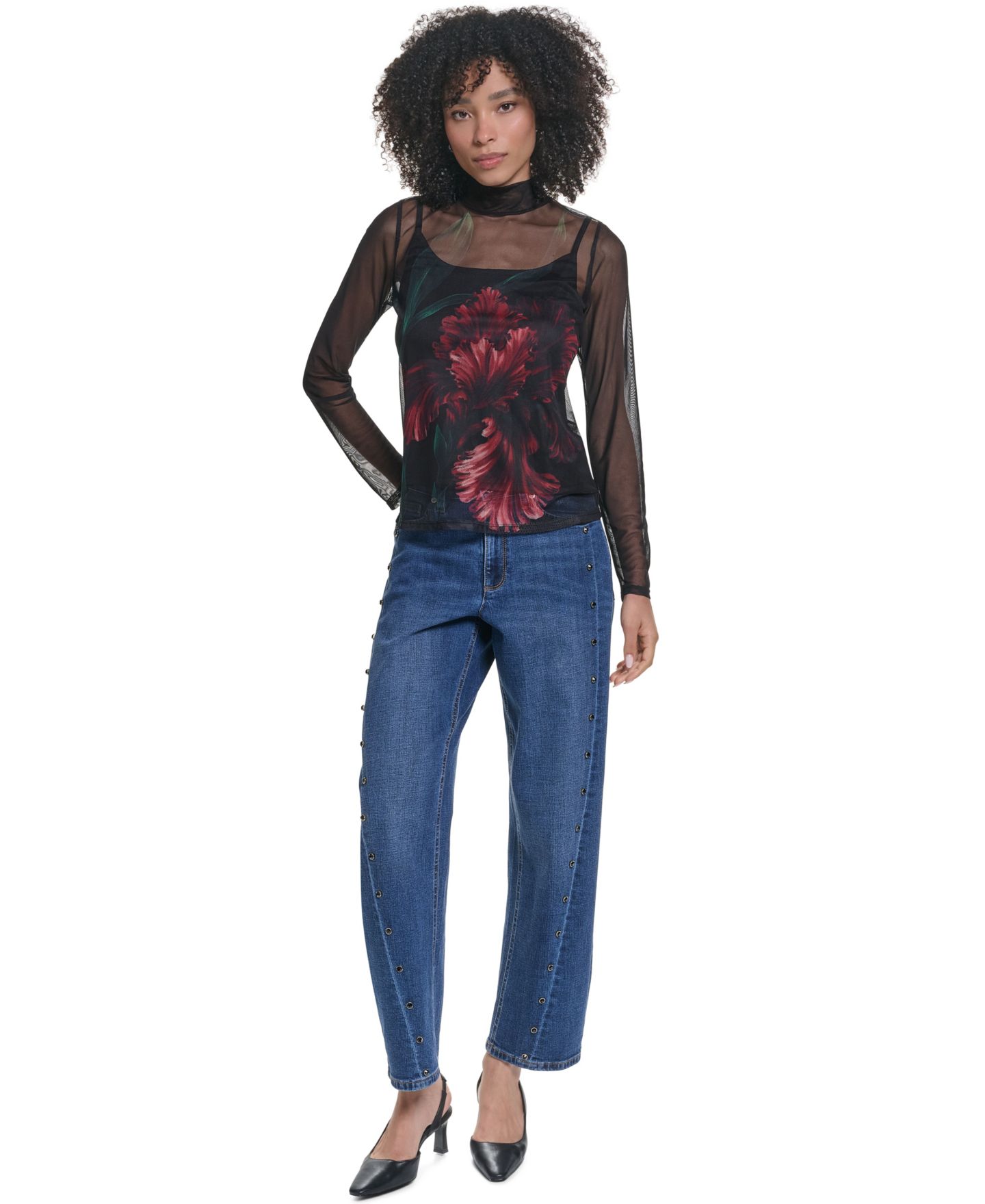 Женский топ KARL LAGERFELD PARIS Sheer Long-Sleeve Floral-Print Mesh, цвет: Чёрный / Красный разноцветный — фото 2