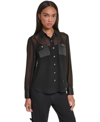 Women's Long-Sleeve Chiffon Blouse with Quilted Pockets