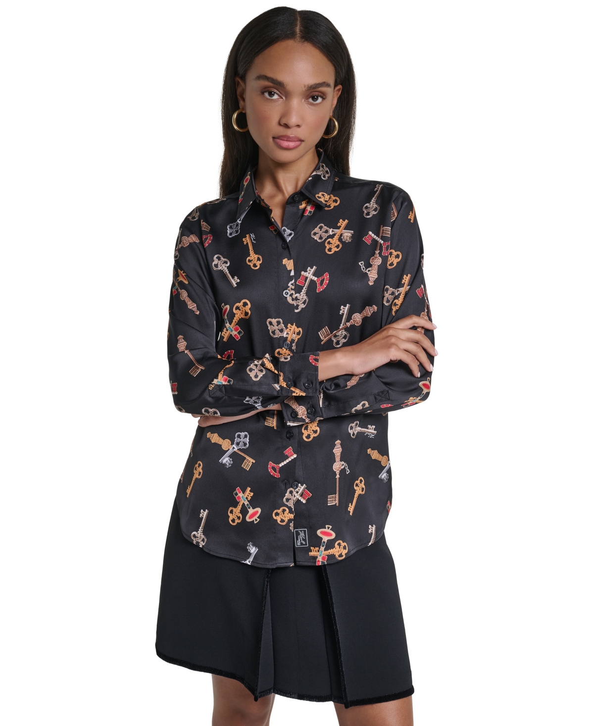 Karl Lagerfeld Paris Women's Button Front Long Sleeve Satin Blouse