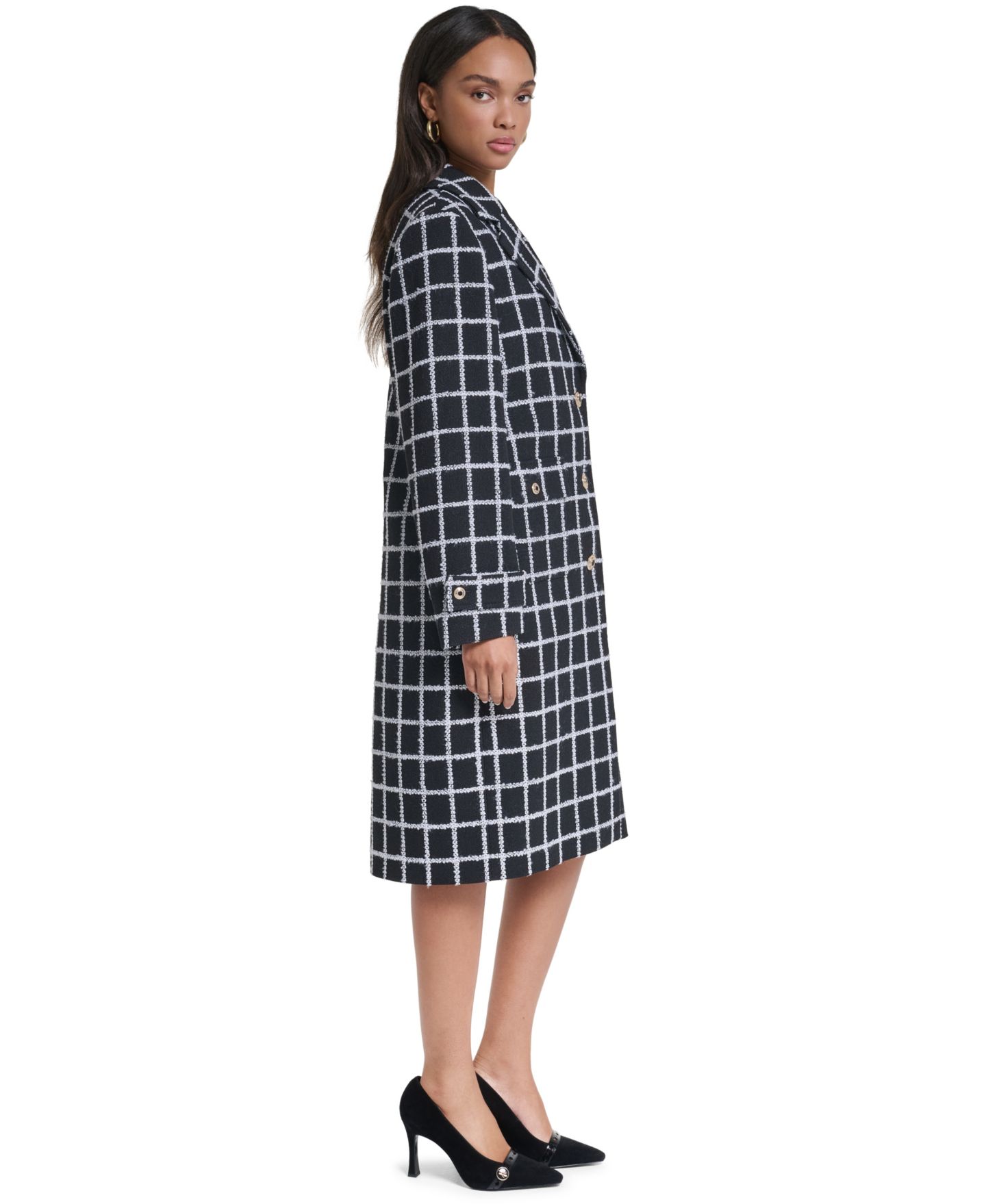 Женское пальто KARL LAGERFELD PARIS Double-Breasted Plaid Knee-Length, цвет: Чёрный / Мягкий белый — фото 3