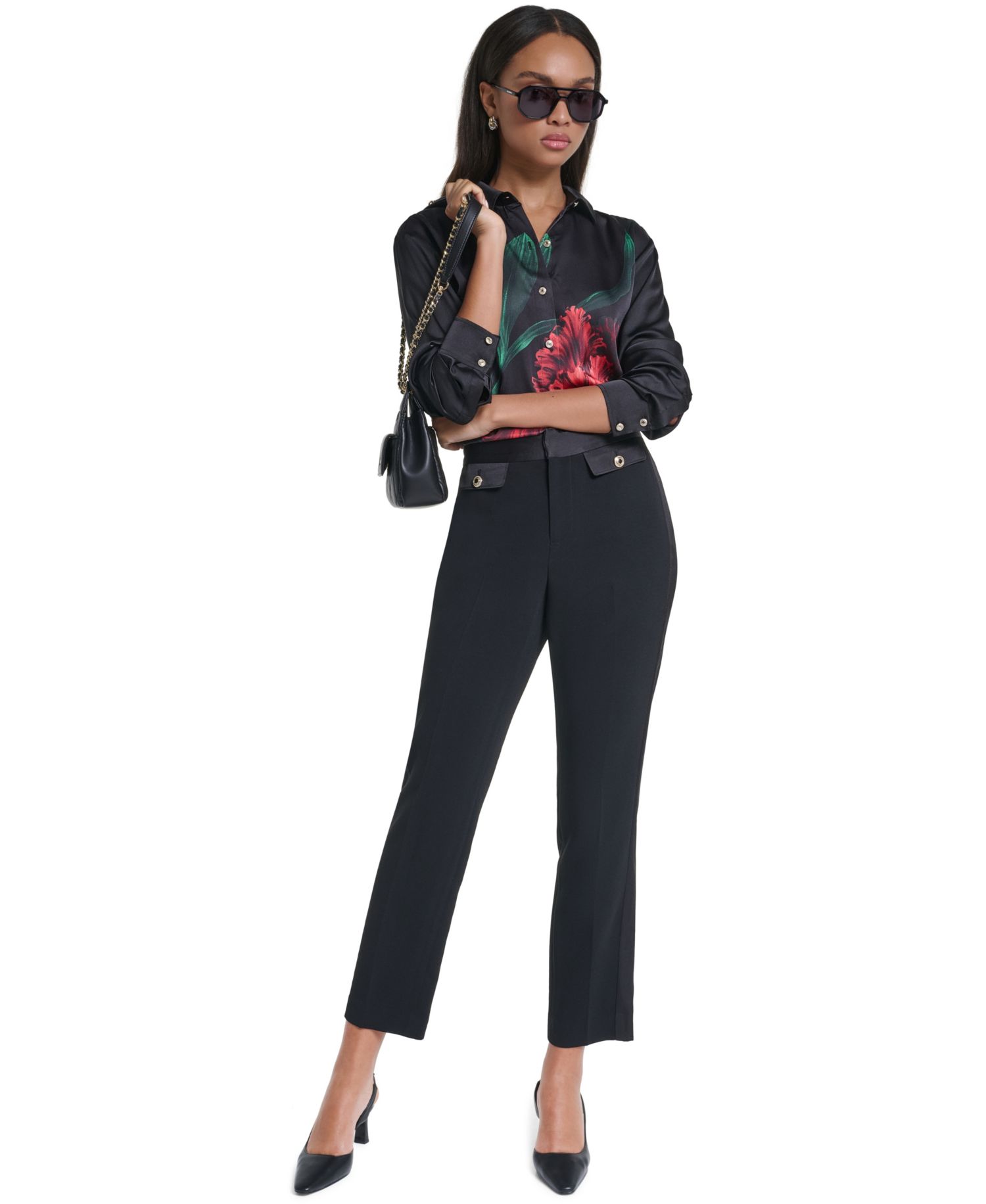 Women's Long-Sleeve Floral-Print Satin Blouse