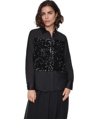 Women's Mixed Media Sequin Long-Sleeve Collared Blouse