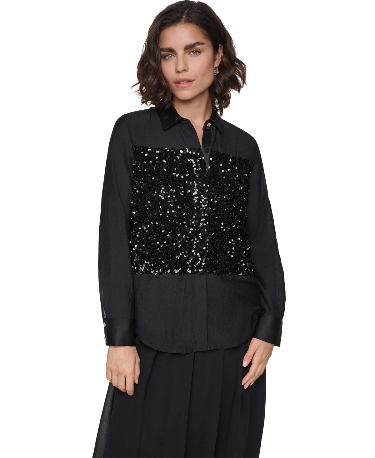 Karl Lagerfeld Paris Women's Mixed Media Sequin Long-Sleeve Collared Blouse