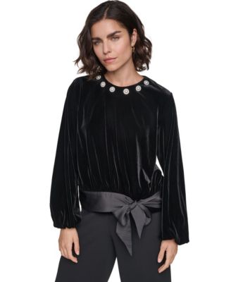 Women's Crystal Tie-Front Long-Sleeve Imitation Pearl-Embellished Blouse