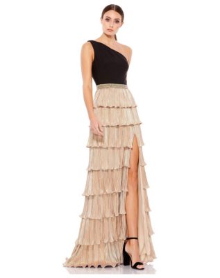 Women's One-Shoulder Metallic Tiered Ruffle Gown