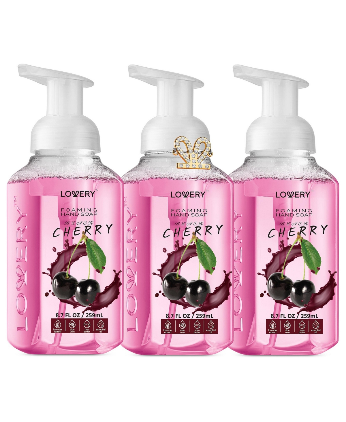 Lovery Hand Foaming Soap in Black Cherry, Moisturizing Hand Soap with Flawless Crystal Heart Bracelet - 4 Piece Hand Wash Set - Multi