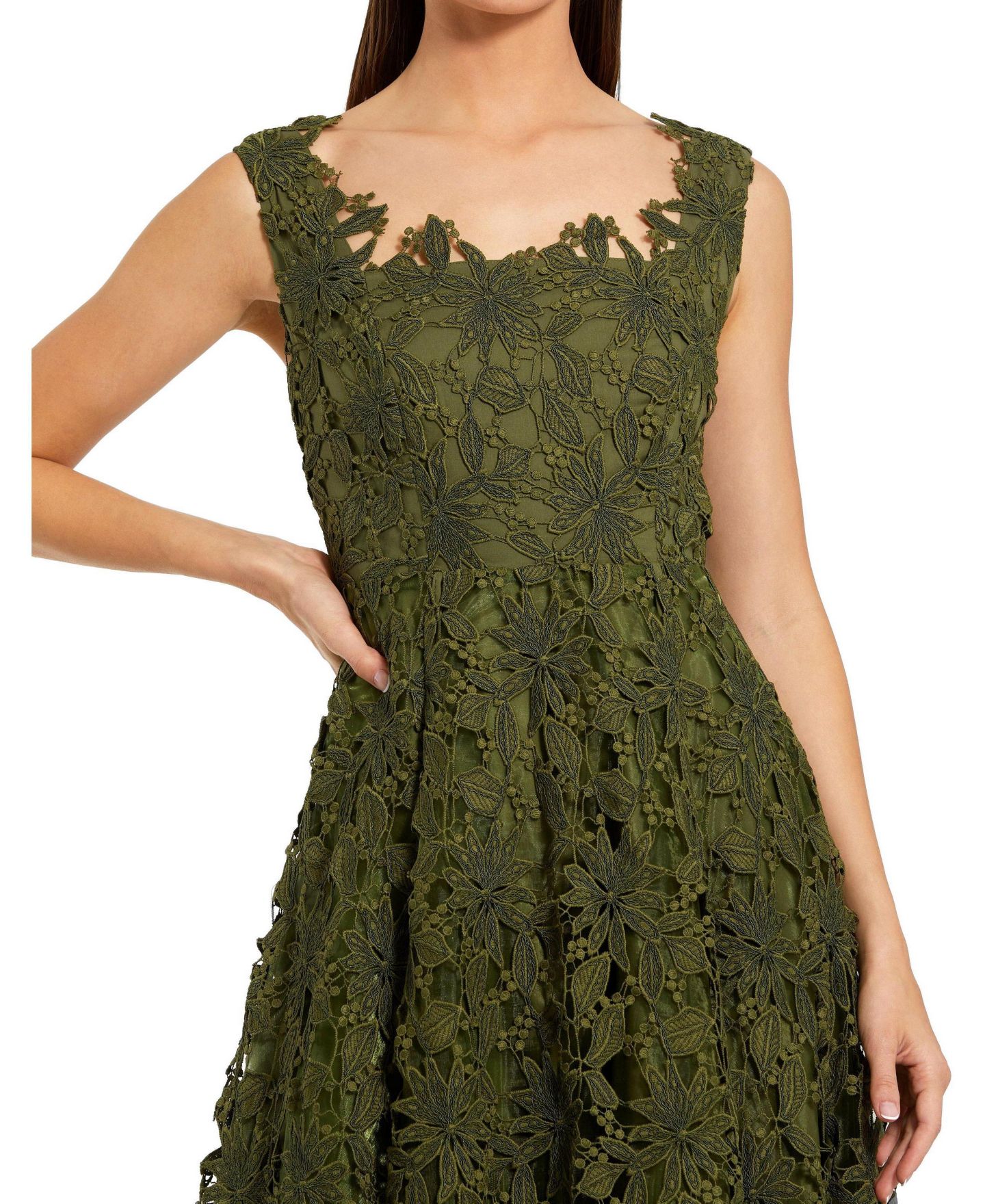 Женское платье Mac Duggal Sleeveless Embroidered Lace A Line Midi, цвет: Армейский зелёный — фото 9