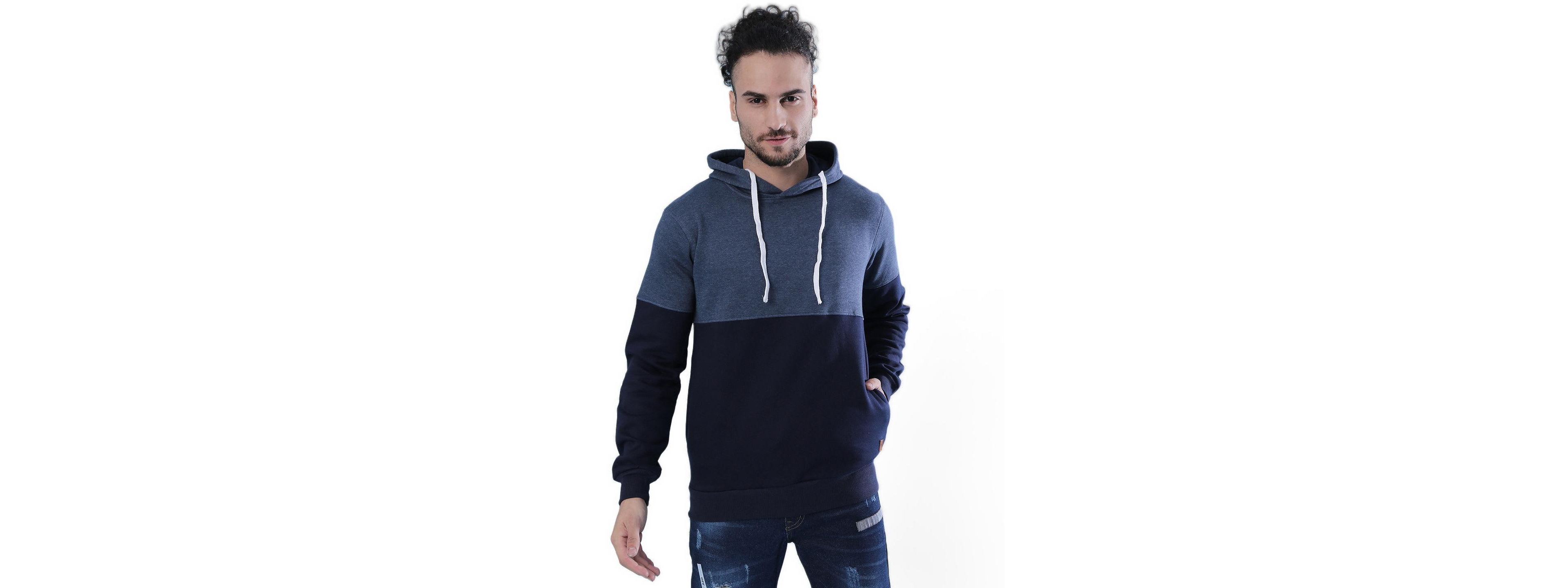 Campus Sutra Men's Colorblocked Long-Sleeve Kangaroo-Pocket Pullover Hoodie