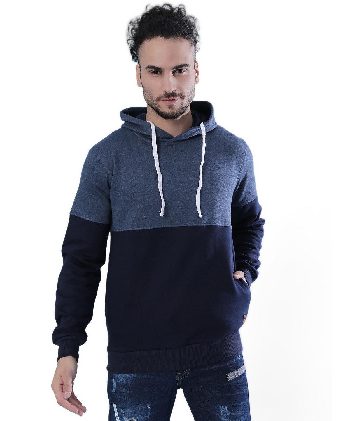 Campus Sutra Men's Colorblocked Long-Sleeve Kangaroo-Pocket Pullover Hoodie - Blue colorblocked panels.