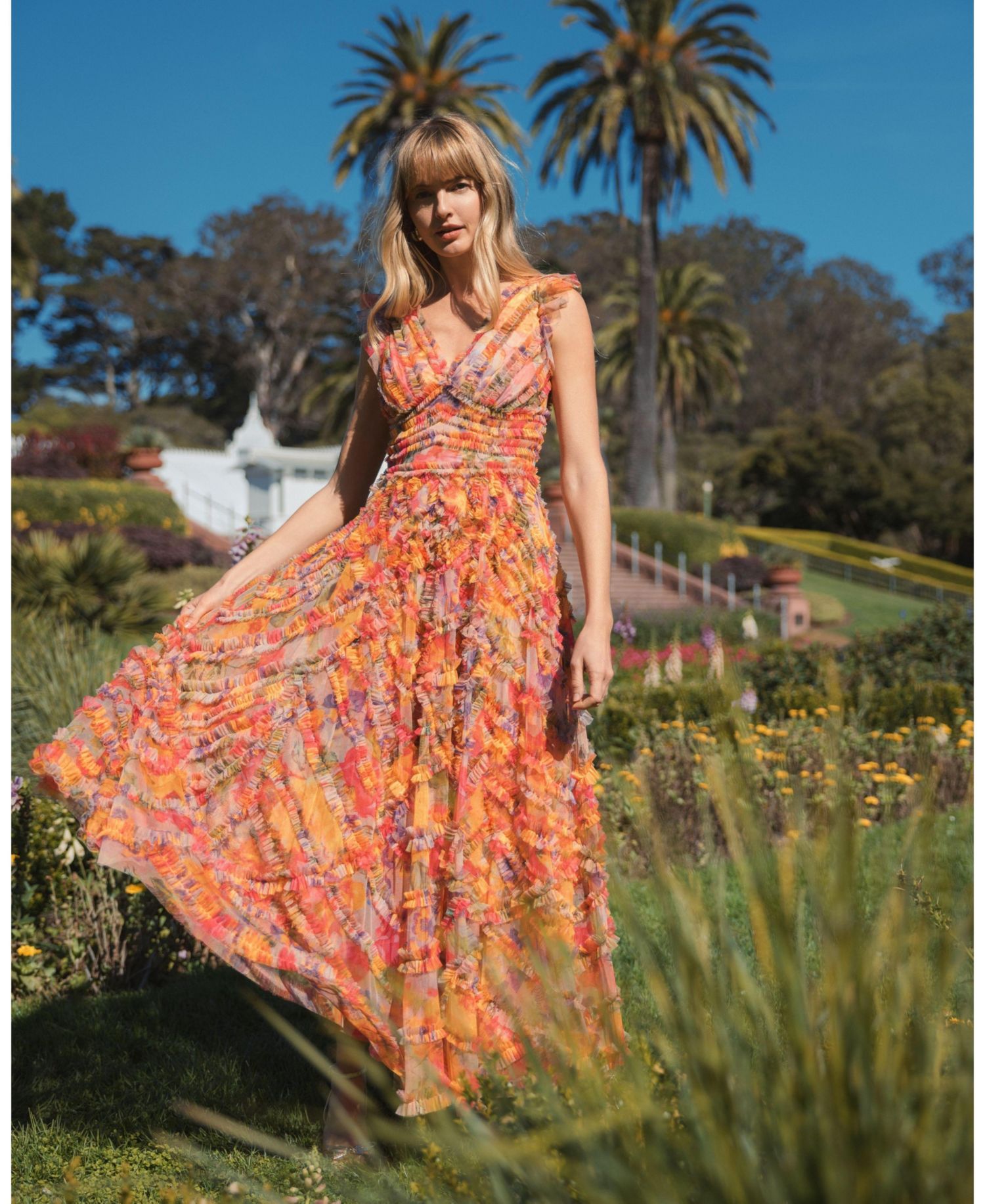Petite Multicolor Floral V-Neck Ruffle Maxi Dress