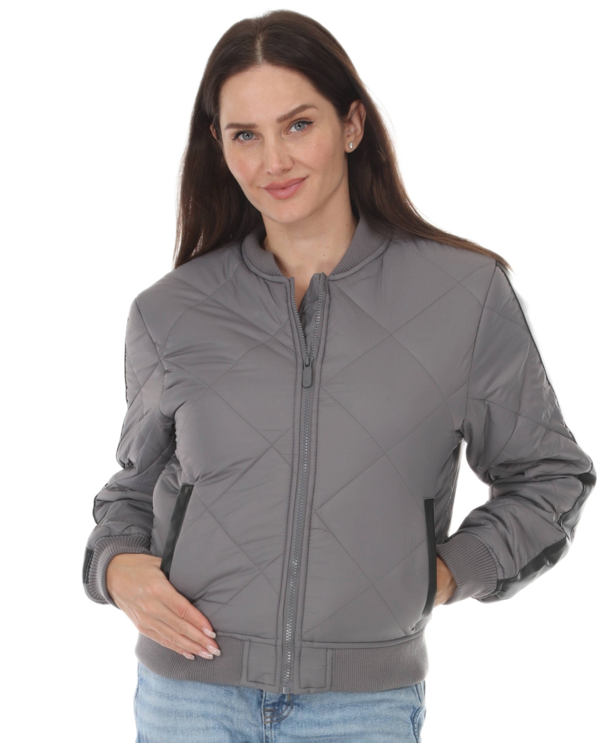 White Mark Women's Quilted Zip-Front Bomber Jacket - Gray