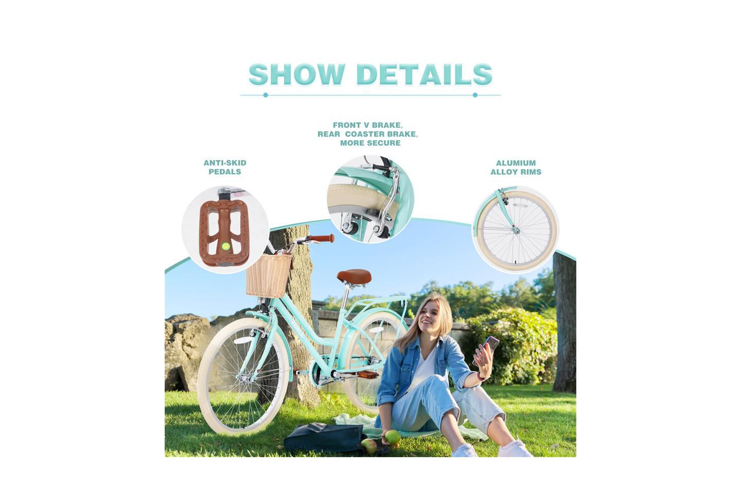 Детская игрушка YOBTOP 24-Inch Single-Speed Girls Bike with Front Basket and Rear Rack, Ages 14 & Up, цвет: Мятный зелёный — фото 2
