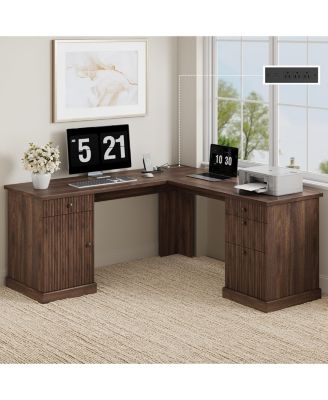 60" L-Shaped Home Office Desk with Storage Drawers File Cabinet and Charging Hub for Study Workstation