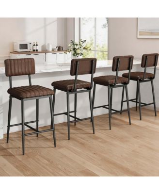 Set of 4 Counter Height Bar Stools PU Leather Padded Seat Metal Frame with Backrest for Kitchen Island