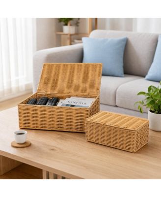 Wicker Storage Boxes Set of 2 with Lids, Handwoven PVC Rattan, Farmhouse Style for Living Room Bedroom Balcony, Natural