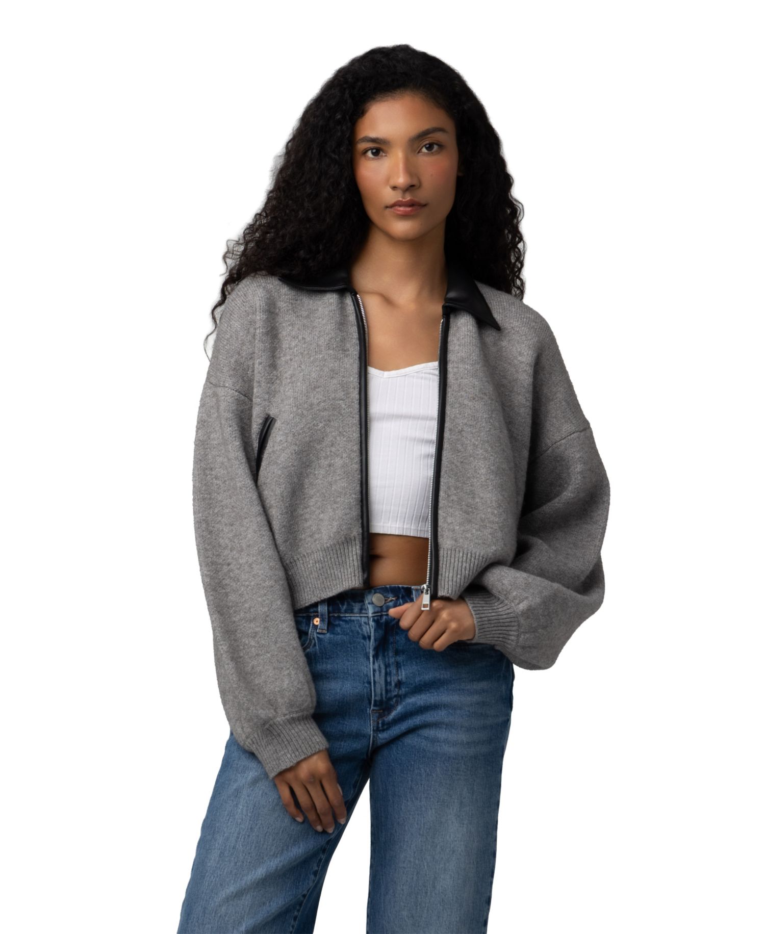 Women's Cropped Full Zip Faux Leather Trim Cardigan Sweater