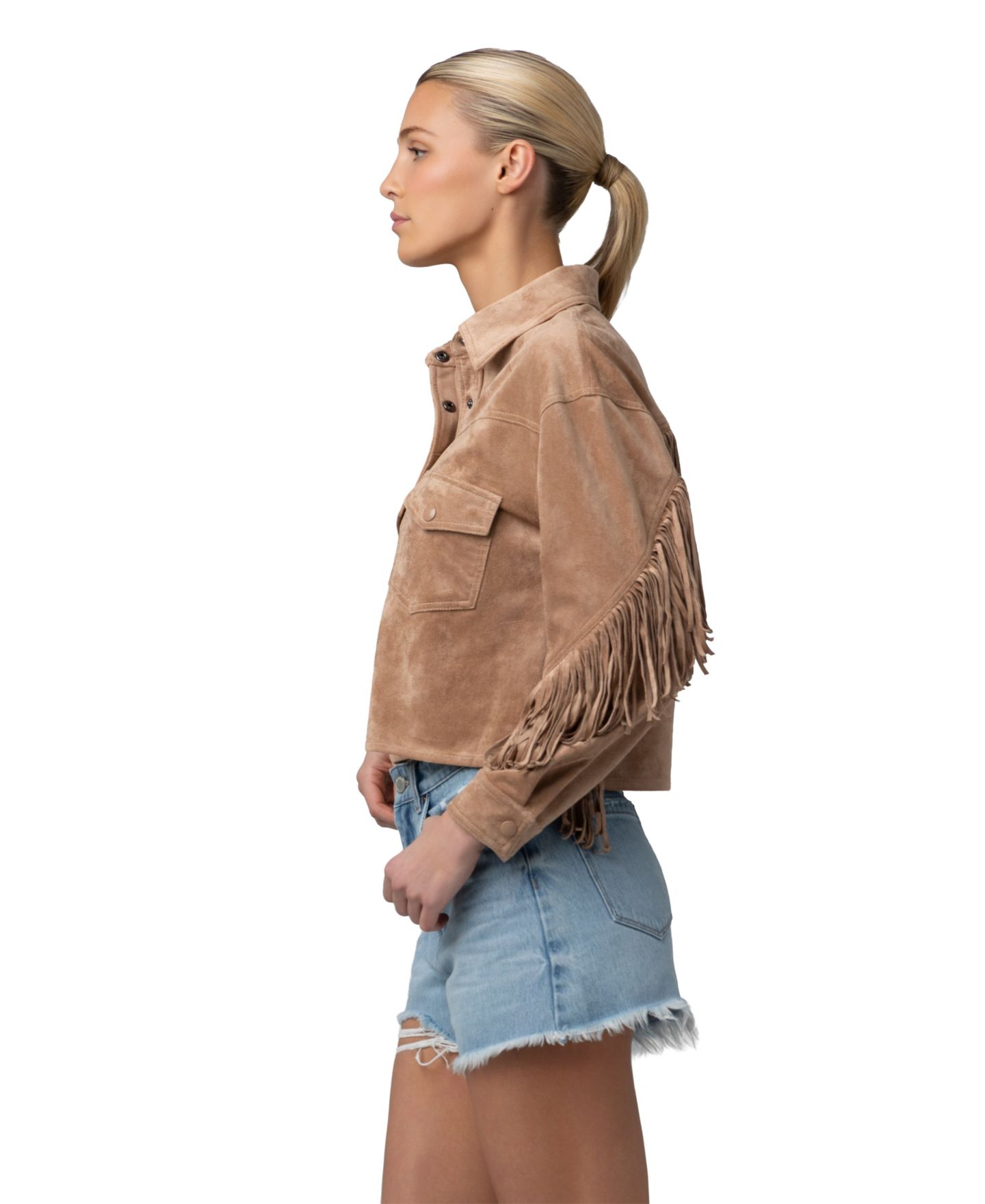 Женские куртки Blank NYC Faux-Suede Fringe Cropped Shacket, цвет: Кленовый — фото 3