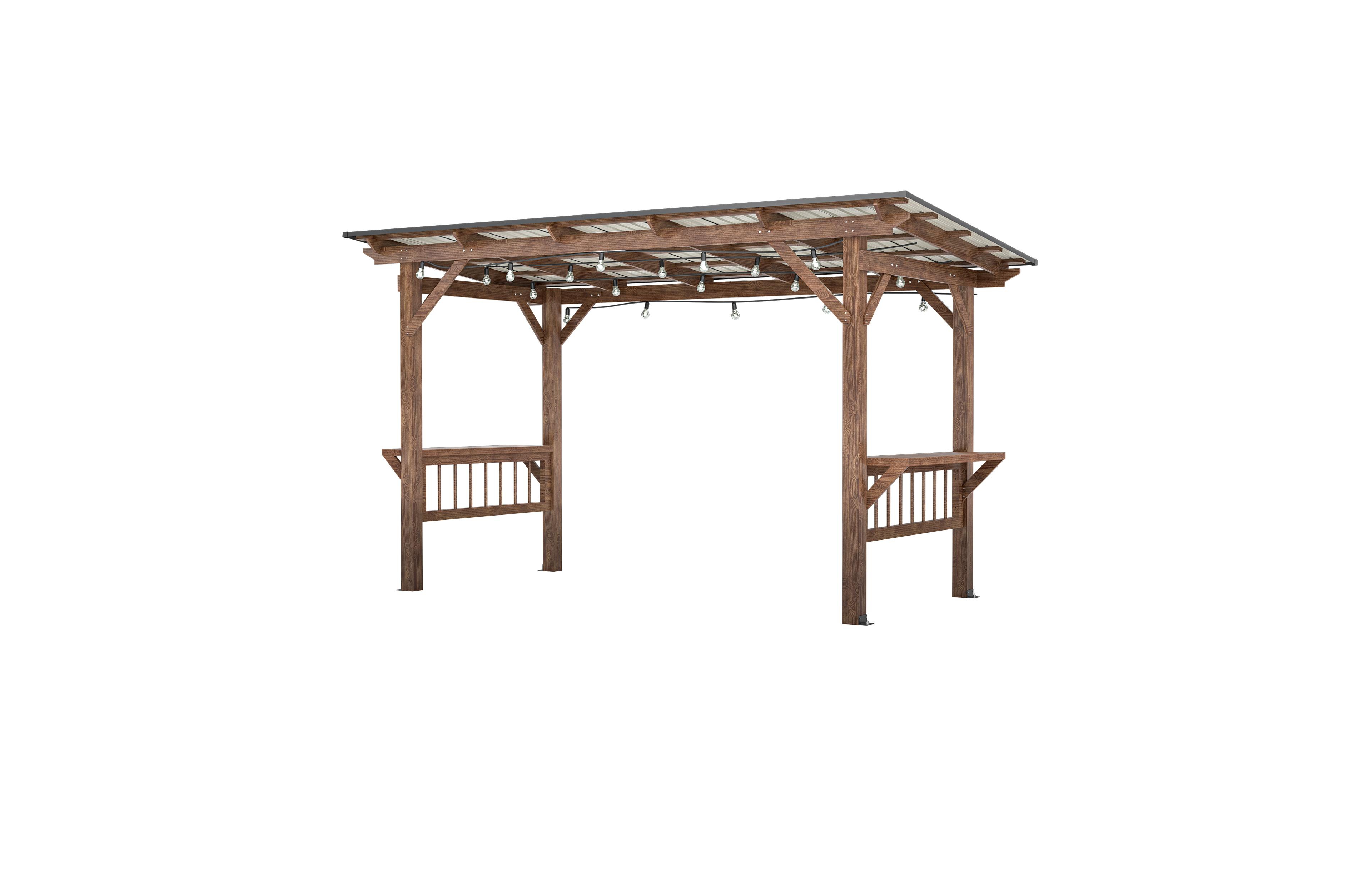 Clihome 13' x 6.5' Wooden Pergola Grill Gazebo with Metal Roof and Bulbs and Bar Counters