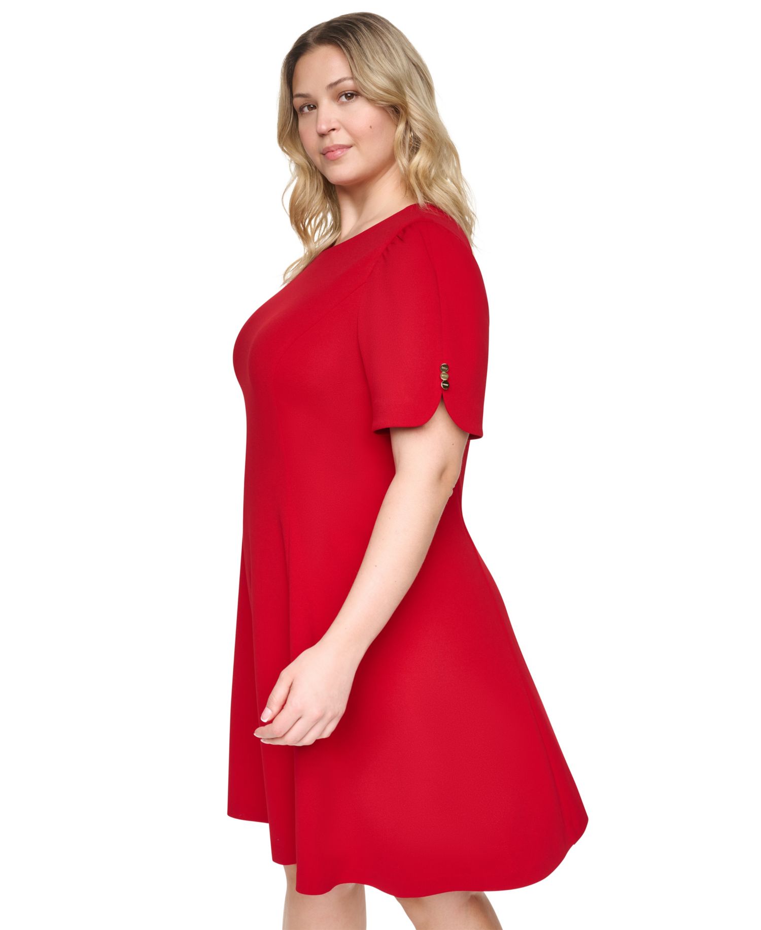 Plus Size Puff Sleeve Fit & Flare Jewel Neck Dress