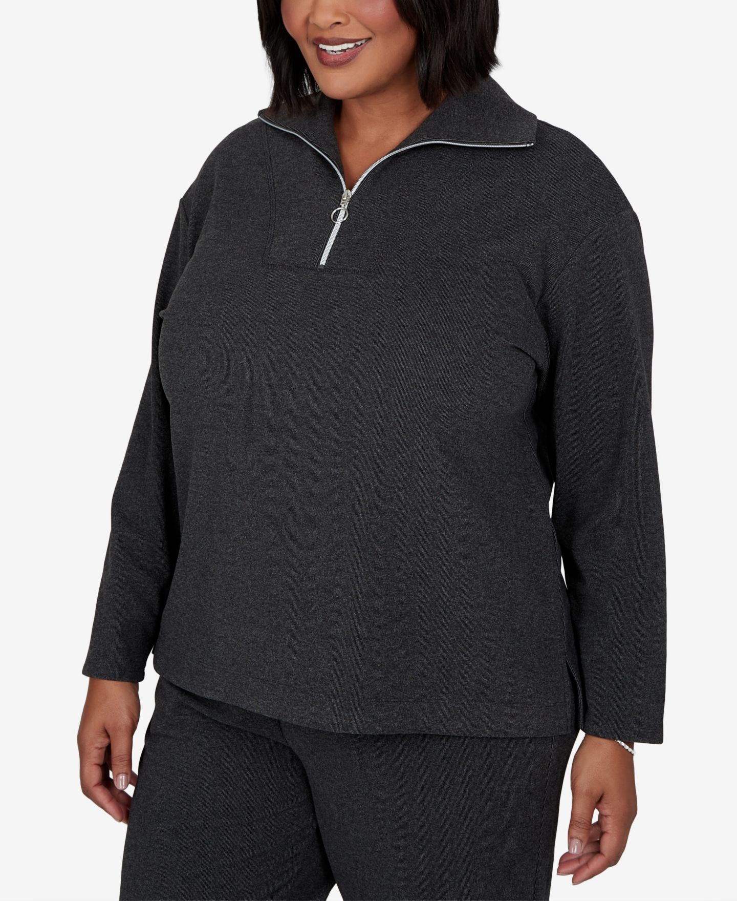 Женский топ Ruby Rd. Plus Size Collared Quarter-Zip Ribbed-Knit, цвет: Угольный меланжевый — фото 4