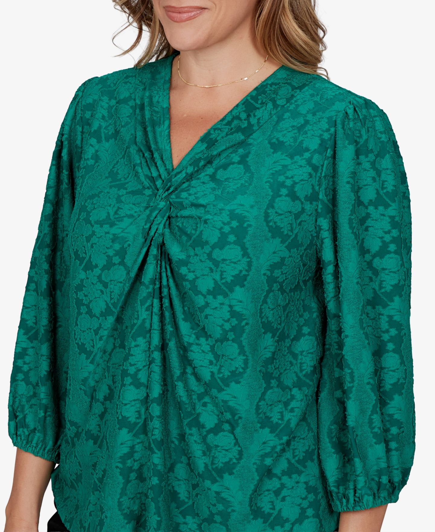 Женская блузка Ruby Rd. Plus Size Knit Floral Clip 3/4-Sleeve V-Neck, цвет: Вечнозелёный — фото 4