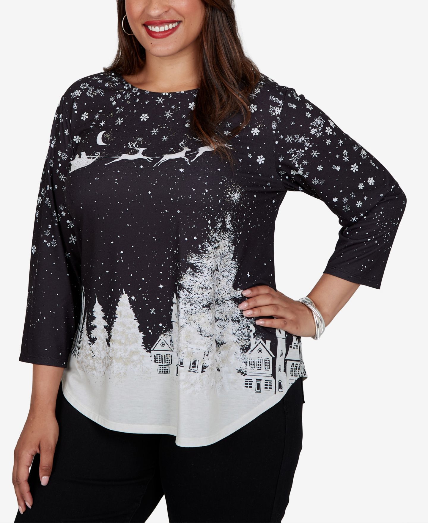 Женская футболка Ruby Rd. Plus Size Snowflake Crewneck 3/4-Sleeve, цвет: Чёрный разноцветный — фото 2