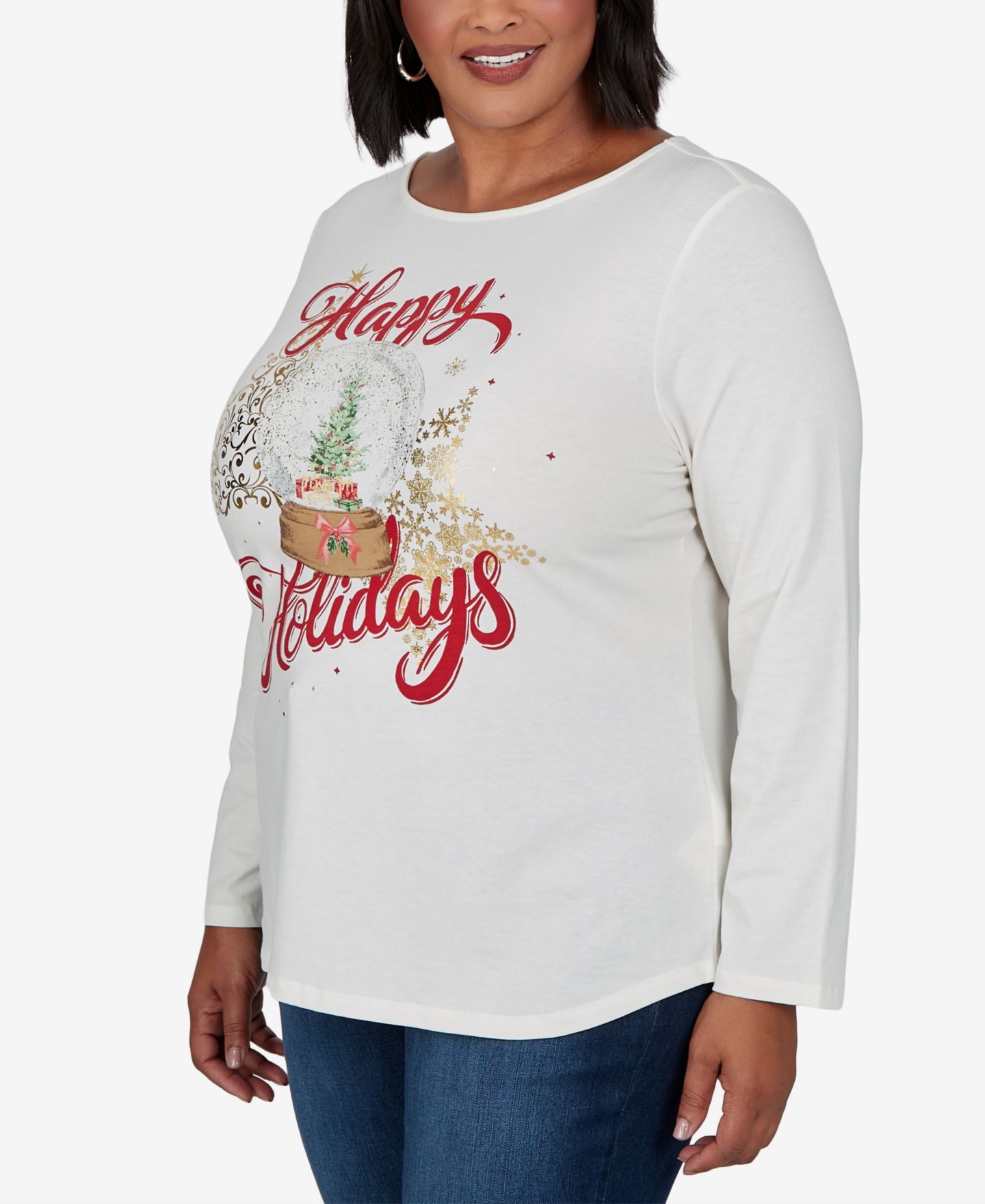 Женская футболка Ruby Rd. Plus Size Holidays Long-Sleeve Crewneck Cotton-Blend, цвет: Слоновая кость разноцветный — фото 2