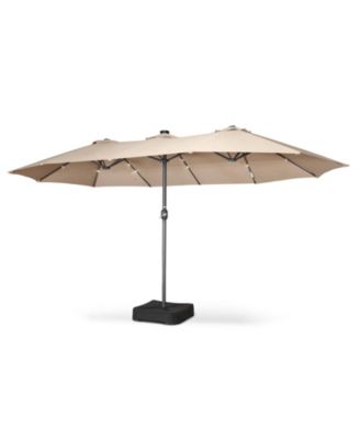 15x9 Ft Double Head Patio Umbrella with Base, 36 LED Lights, Sand Bags, UV Resistant and Waterproof, 213 LBS Total Weight, Beige Tan