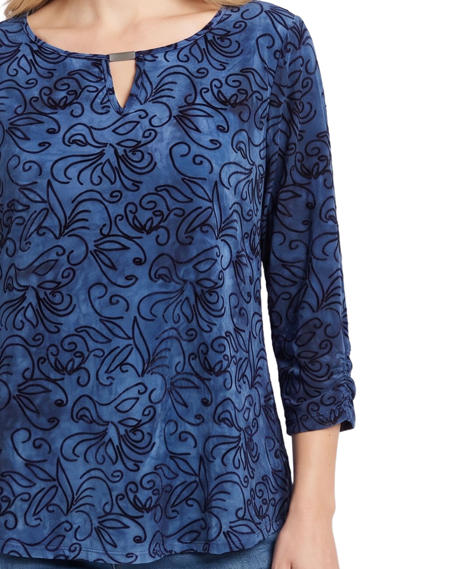 Petite 3/4-Sleeve Tie-Dye Keyhole Blouse