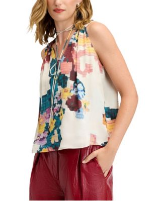 Women's Floral Tie-Neck Sleeveless Blouse