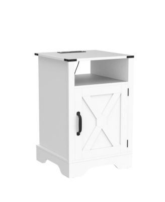 Farmhouse Nightstand with Charging Station Wooden End Table with Storage Cabinet
