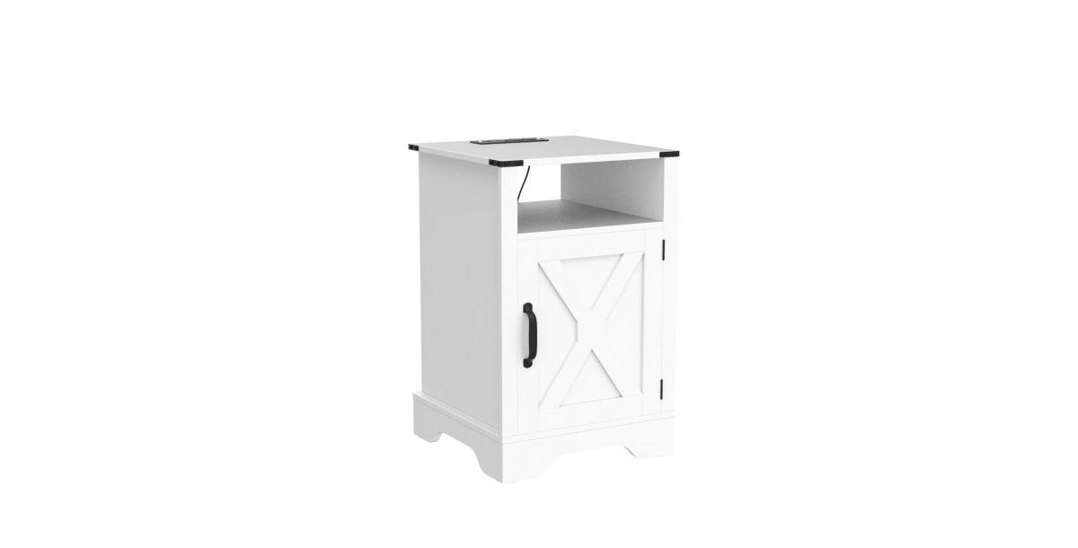 Flynama Farmhouse Nightstand with Charging Station Wooden End Table with Storage Cabinet