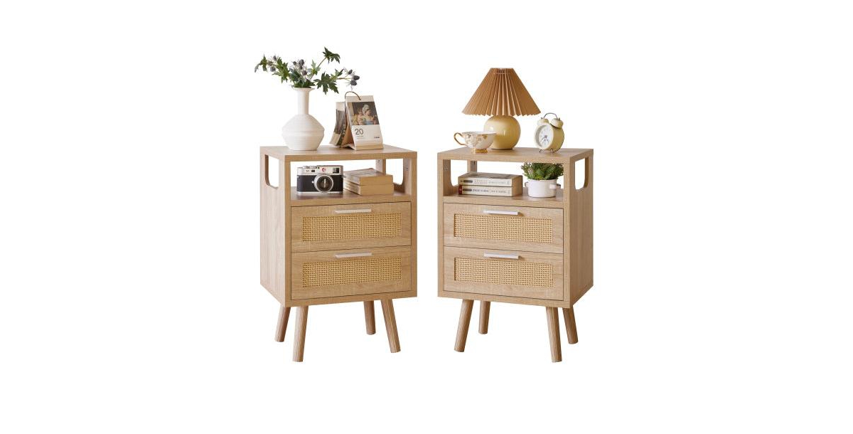 Flynama 2-Pack Rattan-Style 2-Drawer Nightstands 15.4" Natural Wood