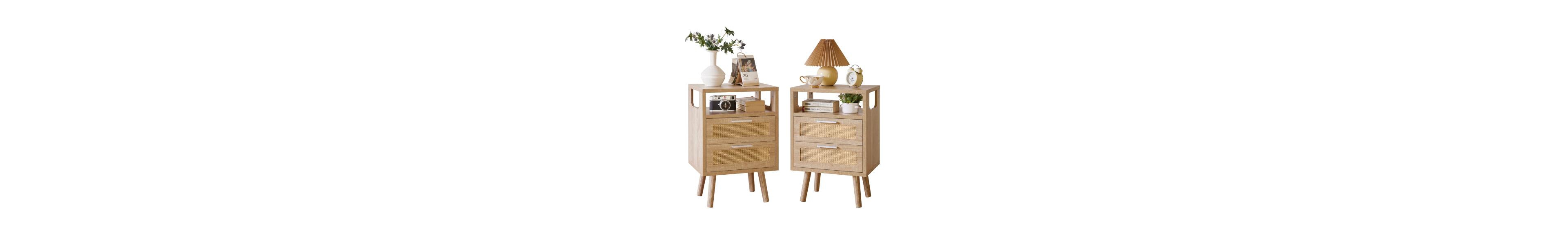 Flynama 2-Pack Rattan-Style 2-Drawer Nightstands 15.4" Natural Wood