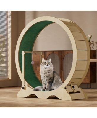 45" Wood Cat Exercise Wheel with Lock, Ball and Treadmill for Indoor Cats